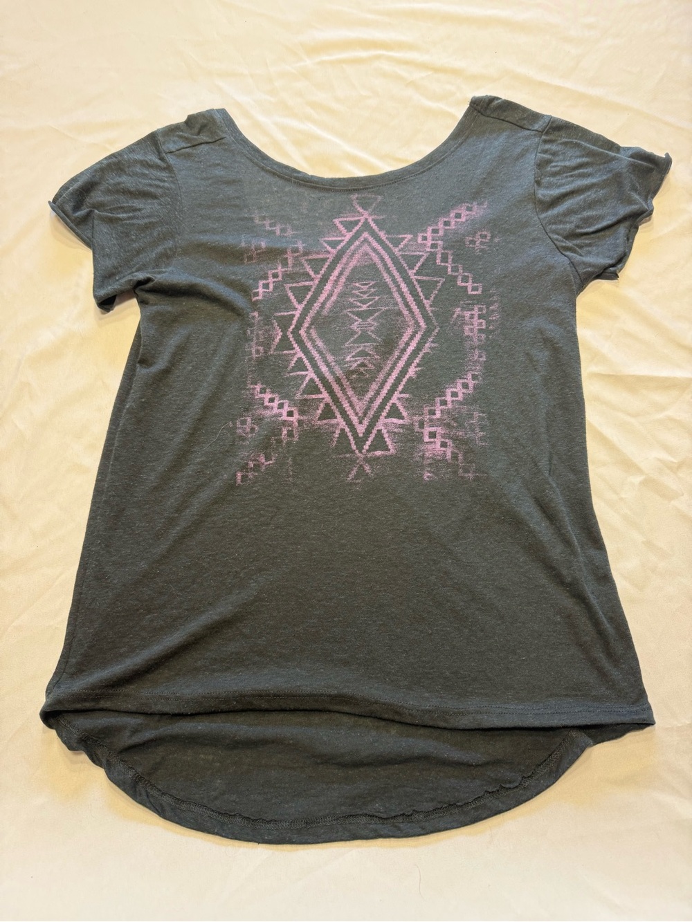 Women's Black Short Sleeve Scoop Neck Tee with Pink Aztec Motif